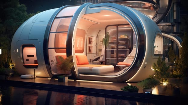 The apartment is capsule type, high technology. The architecture of the future