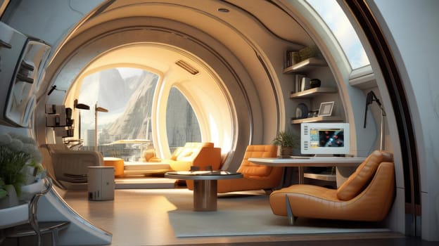 The apartment is capsule type, high technology. The architecture of the future