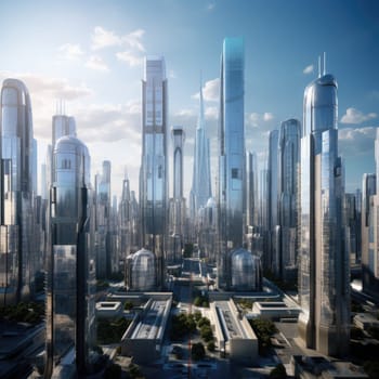 A group of skyscrapers of the future. Sunny day. The business concept of the future