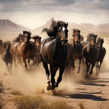 A herd of galloping horses. Dust from under the hooves