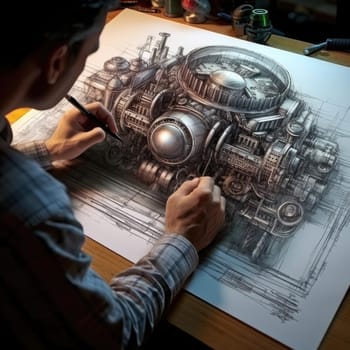 The engineer of the future draws a drawing. The concept of new developments