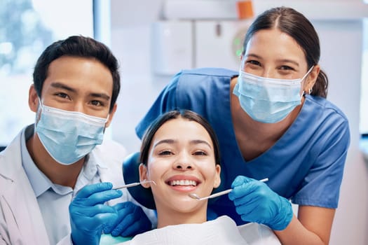Portrait of dentist and woman in consultation for teeth whitening, service and dental care. Healthcare, dentistry and orthodontist with equipment for patient for oral hygiene, wellness and cleaning.