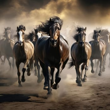 A herd of galloping horses. Dust from under the hooves