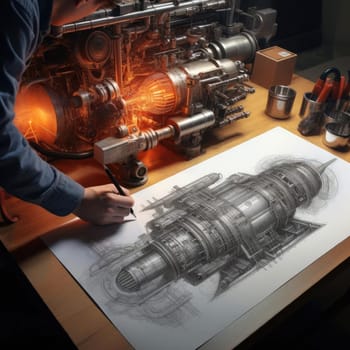 The engineer of the future draws a drawing. The concept of new developments