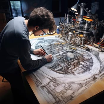 The engineer of the future draws a drawing. The concept of new developments