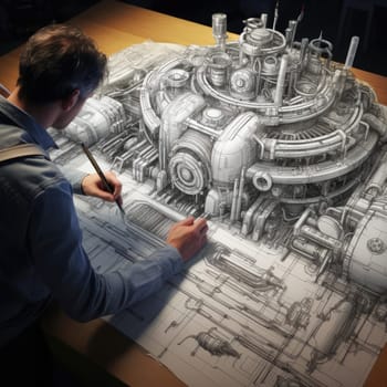 The engineer of the future draws a drawing. The concept of new developments