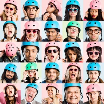 Express yourself. Collaged shot of a diverse group of people standing in the studio and posing while wearing helmets