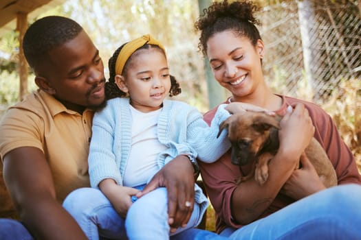 Happy family, animal shelter and dog with girl and parents bond, relax and sharing moment of love, trust and care. Black family, animal rescue and puppy with family at shelter, playful, cute and joy.