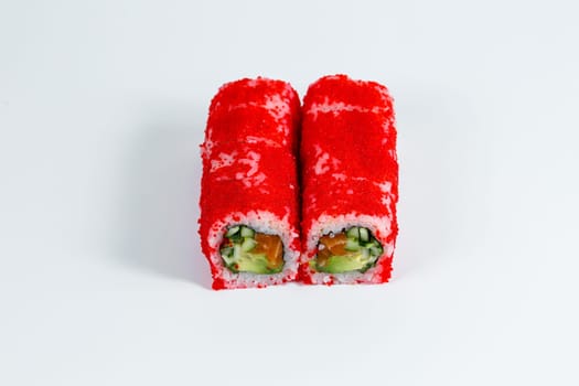 Japanese traditional food. Sushi rolls philadelphia with fresh avocado caviar and cream cheese