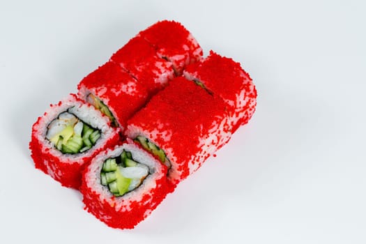 Japanese traditional food. Sushi rolls philadelphia with fresh avocado caviar and cream cheese