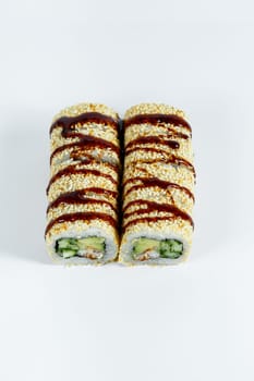 Japanese traditional food. Sushi rolls philadelphia classic with fresh eel and cream cheese and caviar