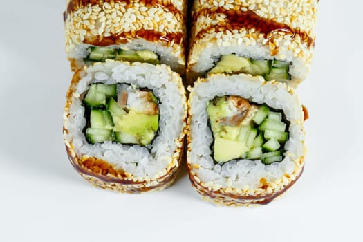 Japanese traditional food. Sushi rolls philadelphia classic with fresh eel and cream cheese and caviar