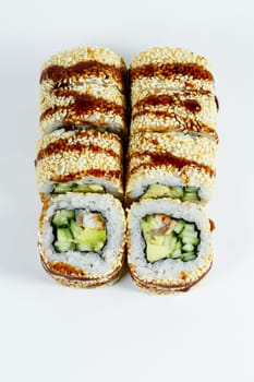 Japanese traditional food. Sushi rolls philadelphia classic with fresh eel and cream cheese and caviar
