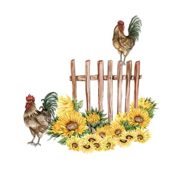 Watercolor wooden fence and rooster composition. Hand drawn illustration of a farm. Perfect for wedding invitation, greetings card, posters.