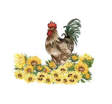 Watercolor sunflowers and rooster composition. Hand drawn illustration of a farm. Perfect for wedding invitation, greetings card, posters.