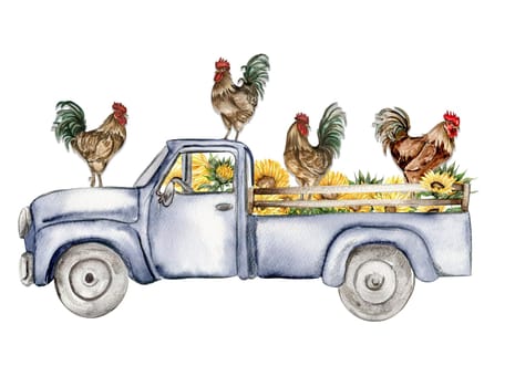 Watercolor composition of cock and truck. Hand drawn rooster, artistic painting illustration of fowl. Watercolor illustration of hen. Perfect for wedding invitation, greetings card, posters.