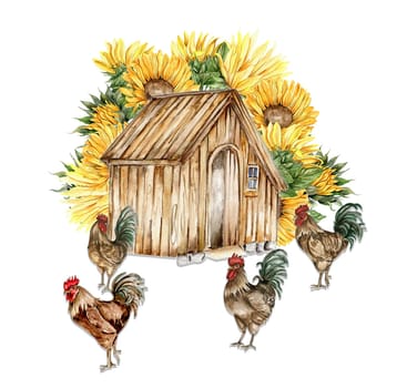 Watercolor wooden farmhouse. sunflowers and cock composition. Hand drawn illustration of a farm. Perfect for wedding invitation, greetings card, posters.