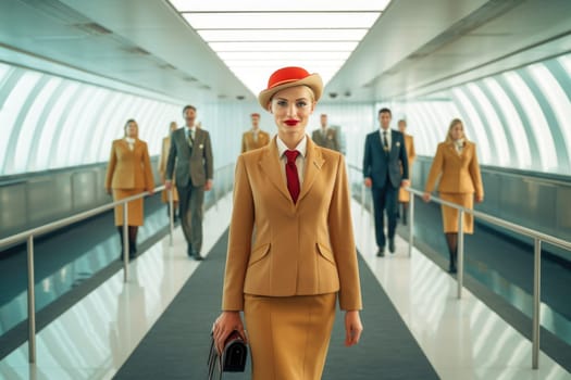 Group of flight attendant walking on airport gate or corridor. Picturesque generative AI