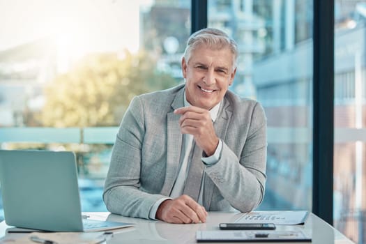 Portrait of senior business man at office with happy leadership, career mindset and company management. Face of corporate person, employer or boss at desk with laptop for professional job planning.