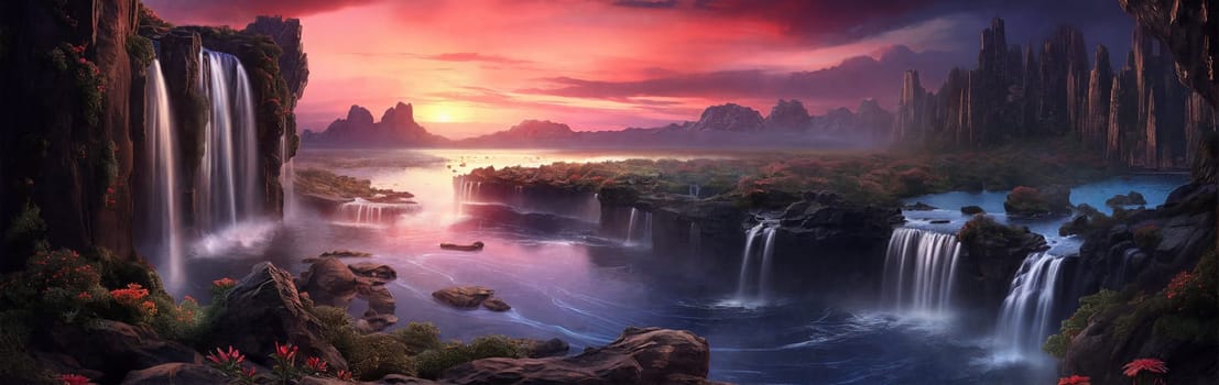 Fantasy landscape with waterfalls at sunset, panorama. Generative AI