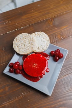 Vegan rice bread for breakfast with jam. Healthy Eating.