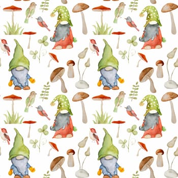 Forest dwarf with mushrooms and bird watercolor painting seamless pattern. Fairytale character gnome with chanterelle aquarelle drawing for postcard decoration