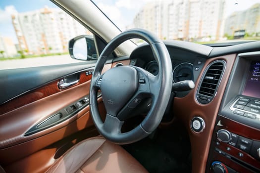 Modern SUV interior with leather panel, multimedia and dashboard