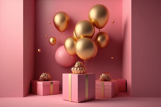 a pink empty room with pink gift boxes and golden balloons. Ai generative. Copy space