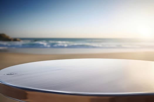 Round wooden table in a beach , overlooking the sunset sea.Montage style to dispaly the product. Ai generative