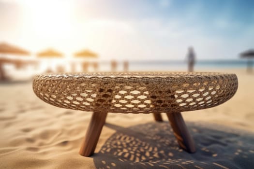 Empty round rattan wicker table in a beach , overlooking the sunset sea. Ai generative