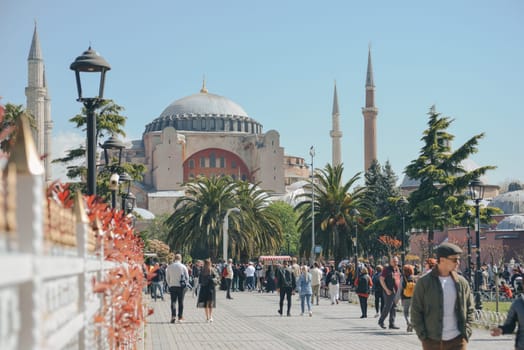 Istanbul, Turkey, May 02, 2023: Panoramic view of Hagia Sophia Holy Grand Mosque and the Sultan Ahmet Park.A very strong visited tourist place