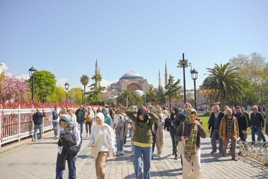 Istanbul, Turkey, May 02, 2023: Panoramic view of Hagia Sophia Holy Grand Mosque and the Sultan Ahmet Park.A very strong visited tourist place