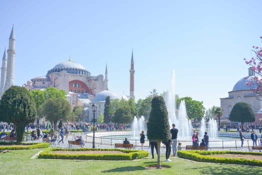 Istanbul, Turkey, May 02, 2023: Panoramic view of Hagia Sophia Holy Grand Mosque and the Sultan Ahmet Park.A very strong visited tourist place