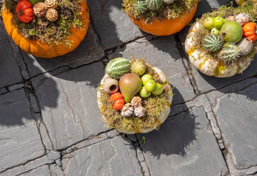 autumn decor of pumpkins and various fruits and flowers for thanksgiving or halloween. High quality photo