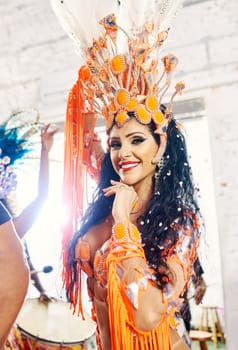 Carnival, festival and portrait of samba dancer ready for dancing, performance and festive celebration in Brazil. Culture, costume and face of woman excited for dance event, concert and party in rio.
