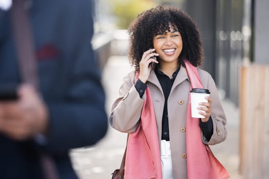 Happy, travel or business woman with phone call for contact us, speaking or networking in London street. Smile, 5g network or employee with smartphone for strategy, communication or success planning.