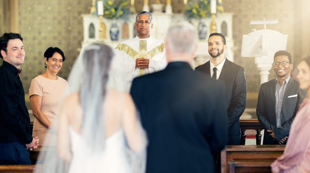 Wedding, love and bride and father walking the aisle in a church for celebration together. Happy, smile and groom, family and friends waiting for future wife with dad during event for marriage.