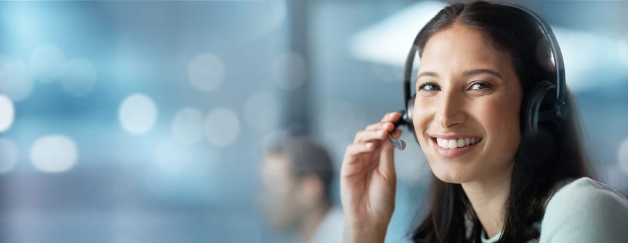 Portrait, mockup or woman in a call center for communication, talking or networking online. Bokeh, crm or happy insurance agent helping client in a conversation at customer services or sales support.