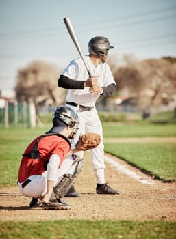 Baseball, bat and focus with a sports man outdoor, playing a competitive game during summer. Fitness, health and exercise with a male athlete or player training on a field for sport or recreation.