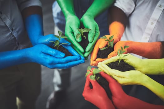 If we help nature then nature will help us. unrecognizable people holding budding plants in their multi colored hands