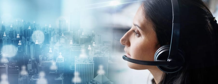 Crm, overlay or telemarketing consultant in a call center helping, talking or networking online. Digital graphic hologram, woman or insurance agent in communication at customer services or sales job.