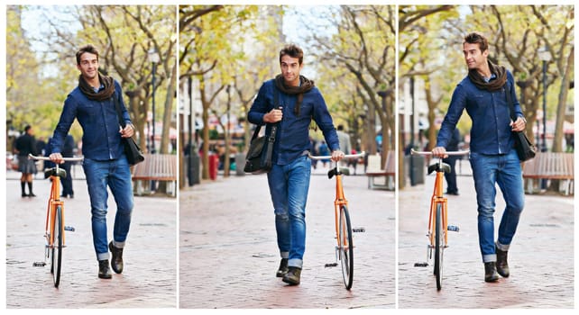 Choose your pace. Composite image of handsome young man with his bicycle in the city