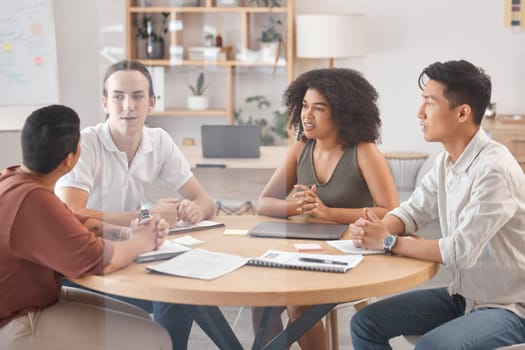 Planning, marketing and business people meeting for strategy, communication and partnership. Teamwork, collaboration and manager talking to workers about agenda, schedule and creative plan at work.