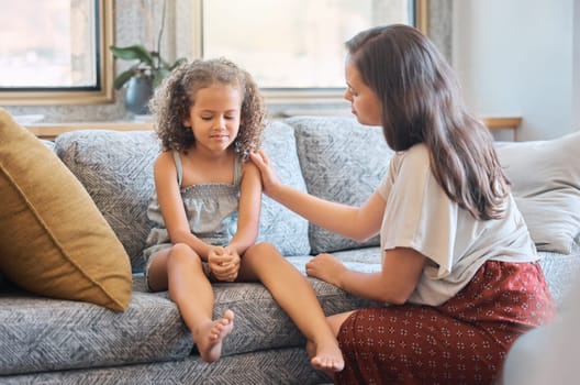 Sad, communication and a mother with a child for love, empathy and listening to a problem. Care, mental health and mom with support for a little girl after bullying, school stress or depression.