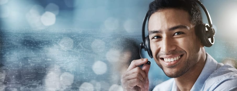 Portrait, mockup or happy consultant in call center helping, talking on microphone or networking online. Crm, man or agent in communication at customer services smiles with pride at sales job success.