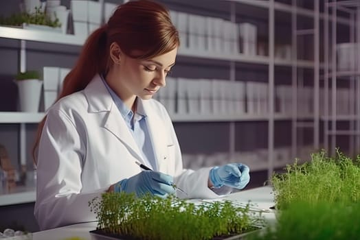 Biologist woman researching microgreens in the laboratory. Generative AI. High quality illustration