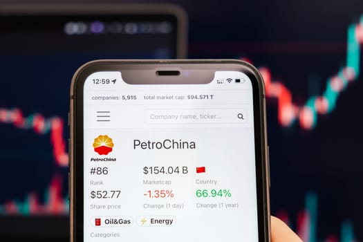 PetroChina stock price on the screen of cell phone in mans hand with changing stock market exchange with trading candlestick graph analysis, February 2022, San Francisco, USA