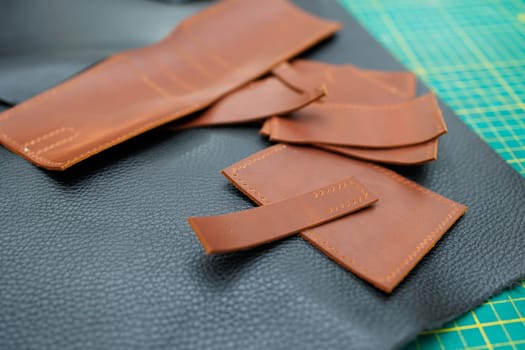 Pieces of natural leather, handmade leather products.
