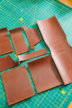 Pieces of natural leather, handmade leather products.