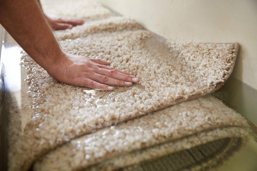Dirty carpet soaking in special chemical liquid in carpet cleaning service